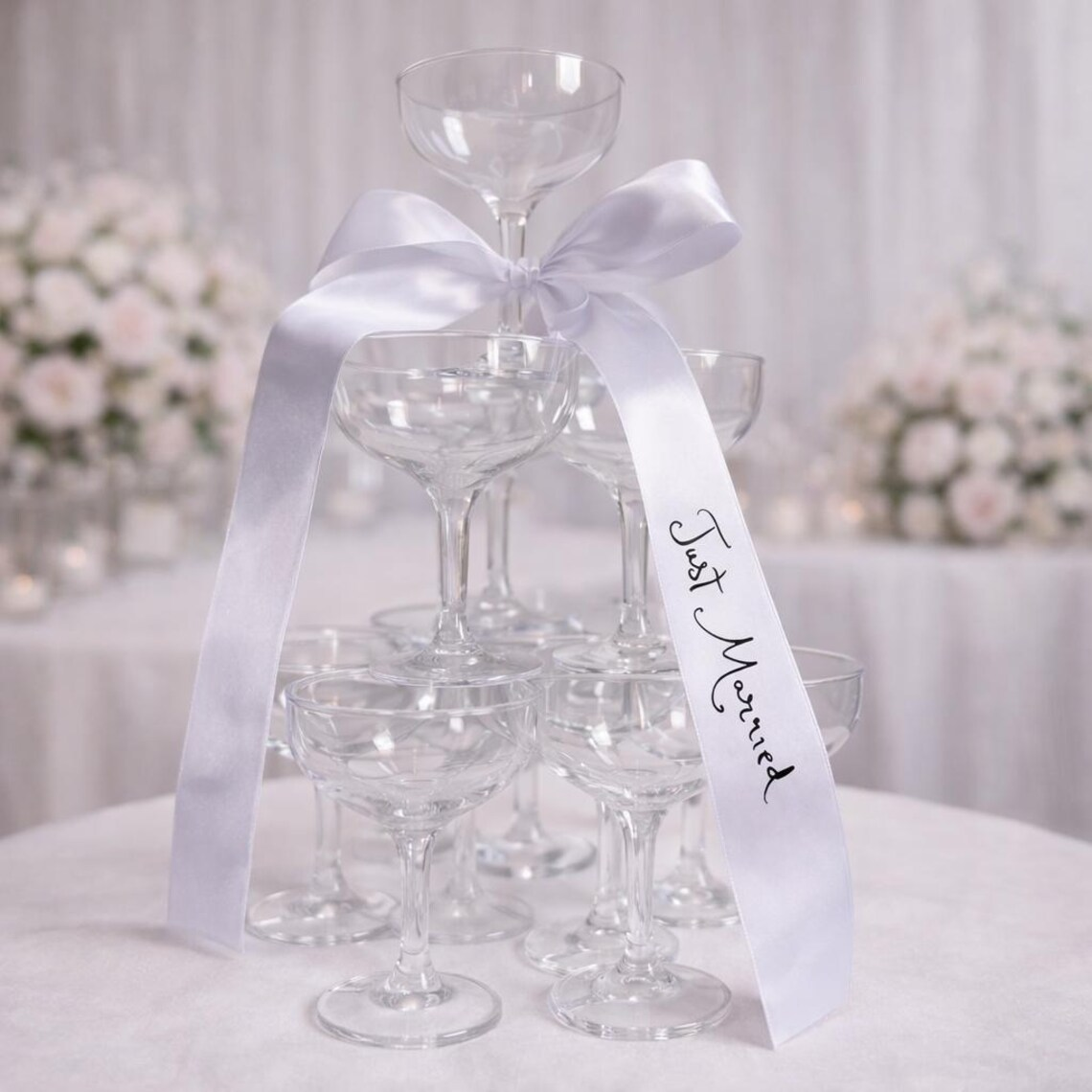Champagne Tower Set - 5pcs Just Married Satin Ribbon Bow